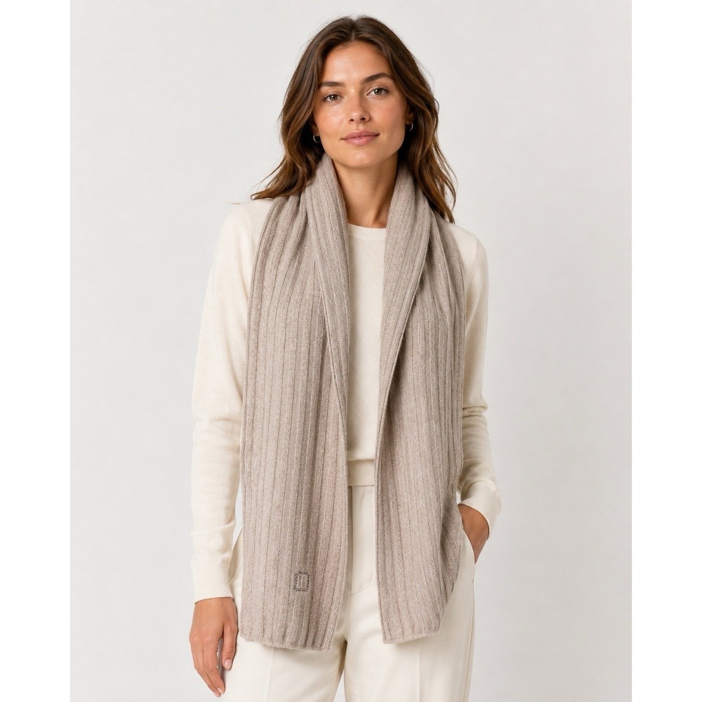 Ricerche Di Enrico Coveri Beige Ribbed Knit Soft Cozy Long Scarf Neutral Wool